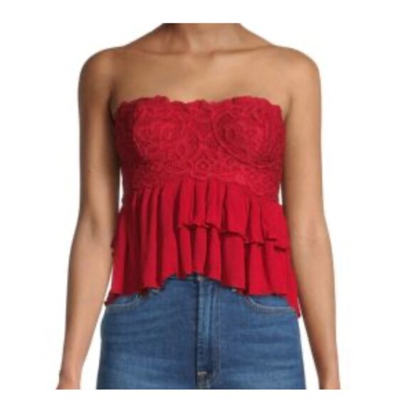 FP One Adella Red Strapless Lace Corset Peplum Tank Top Smocked Boho Sz S - Picture 1 of 7